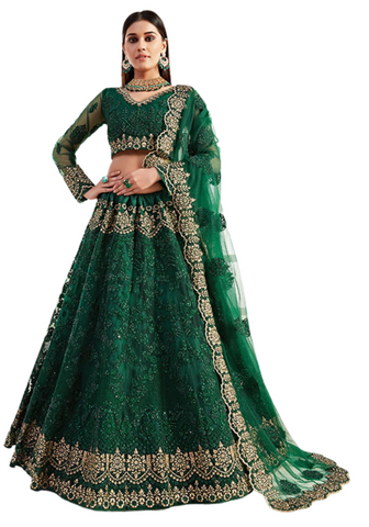 Lehenga Bhavana vert émeraude et doré pour mariage et cérémonie