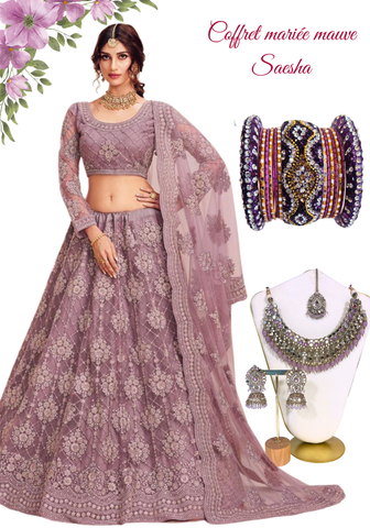 Coffret Mariée Mauve Saesha – Lehenga mariée mauve brodé avec bijoux dorés et bracelets indiens, Narkis Fashion Paris