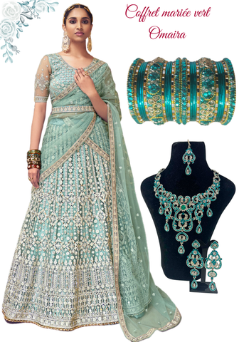 Coffret Mariée Vert Omaira – Lehenga mariée vert menthe brodé avec bijoux argentés et bracelets indiens assortis, Narkis Fashion Paris