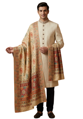 Châle soie banarasi Indienne beige - Narkis Fashion