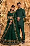 Matching Couple Bhavana et Aviraj vert émeraude et doré mariage indien