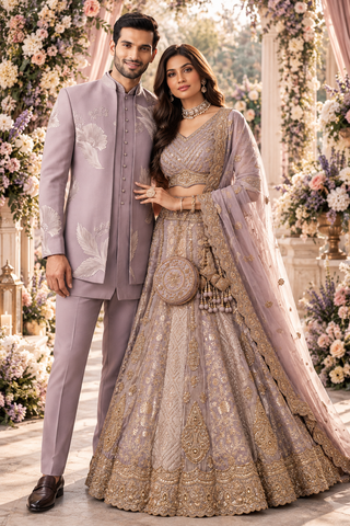 Matching couple mariage indien Alina et Aariz en lehenga mariée mauve doré et sherwani homme mauve