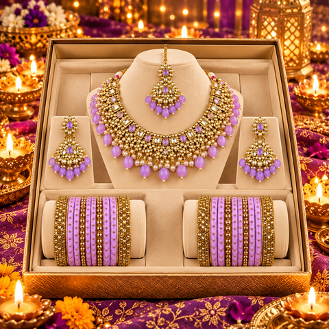 Coffret Diwali Glow Lilas Royal avec parure indienne dorée et lilas, collier, boucles, tikka et bracelets assortis pour deux mains