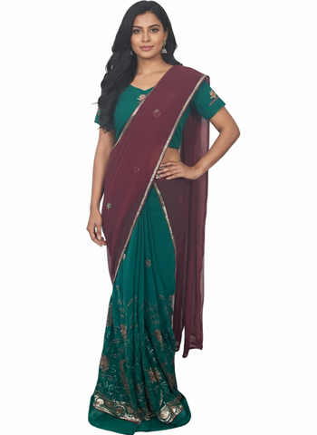 Sari Prêt vert Udhaya - Taille 40/46 - Narkis Fashion