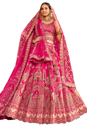 lehenga mariée Haasini fuchsia brodé or avec deux dupattas – vue avant