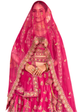 lehenga Haasini voile transparent fuchsia avec bordures dorées