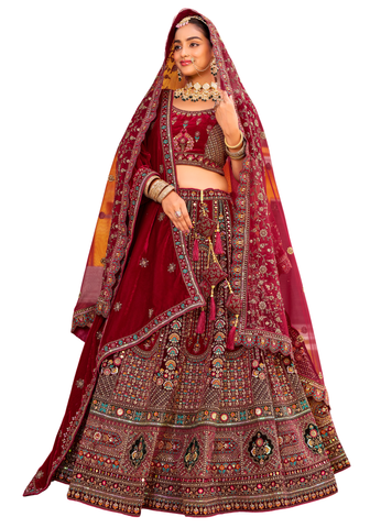 lehenga mariée Hansika velours bordeaux brodé doré – vue avant