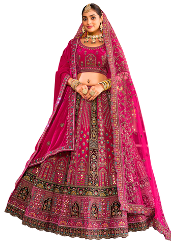 lehenga mariée Haripriya velours fuchsia brodé – vue avant