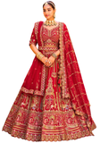 lehenga mariée Hemalatha rouge en soie et tulle brodé – vue avant