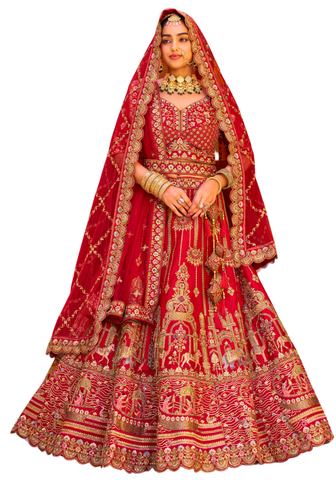lehenga Hemalatha complet soie et tulle rouge royal