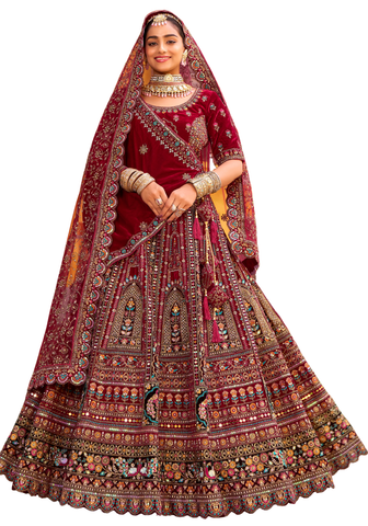 lehenga mariée Hemamalini velours bordeaux brodé doré – vue avant