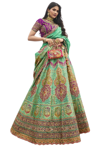 Lehenga mariée soie vert Hemalatha