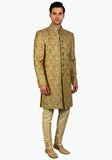 Sherwani homme Ameer taille 40 vue de face brocart beige doré et turquoise