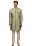 Sherwani Arjun vert d’eau brocart – vue complète devant