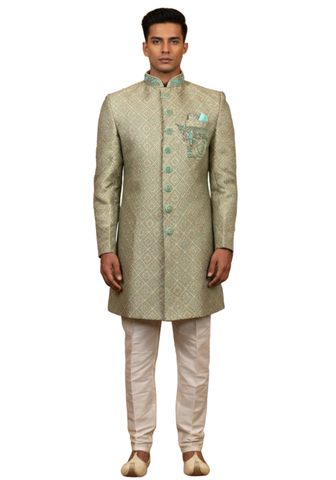 Sherwani Arjun vert d’eau brocart – vue complète devant