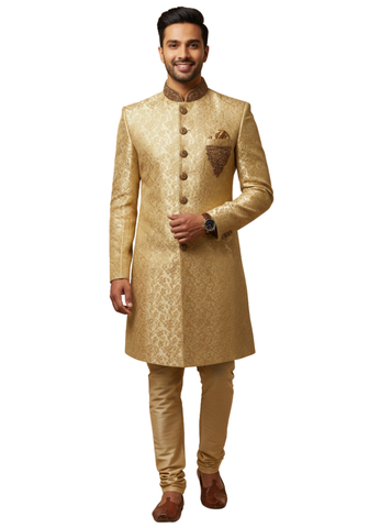 Sherwani Varun beige doré brodé homme vue de face