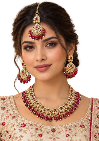Parure indienne Roshni Rouge Rubis avec collier boucles tikka et coffret