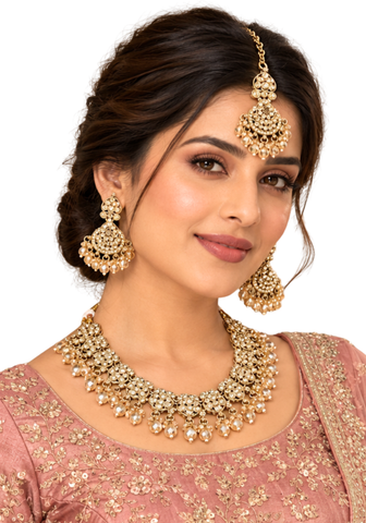 Parure indienne Roshni Champagne avec collier boucles tikka et coffret