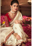 Ravissant sari blanc cassé et rouge Meeralini