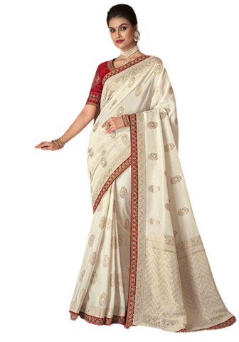 Ravissant sari blanc cassé et rouge Meeralini
