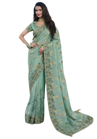 Sari designer vert amande Nisha