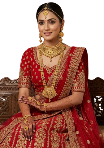 Parure mariée indienne Malarini dorée portée avec sari rouge