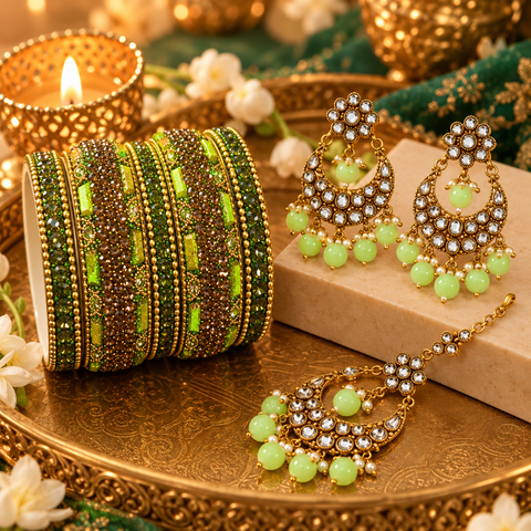 Coffret Diwali Glow Vert Précieux avec bracelets indiens verts et dorés, boucles d'oreilles chandbali et tikka assorti – Narkis Fashion