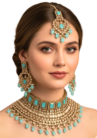Parure mariage polki Turquoise Jeevitha - Narkis Fashion