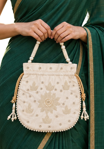 Sac potli Meher ivoire en effet soie avec perles et pierres décoratives
