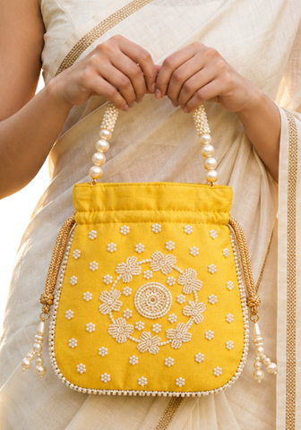 Sac Potli Tara Jaune – Effet Soie & Perles