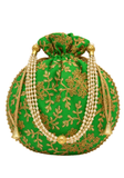 Sac potli vert feuille avec broderies florales dorées
