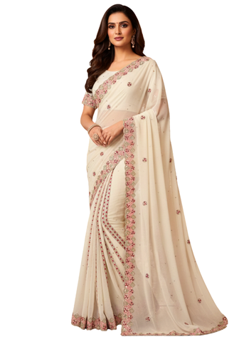 Sari blanc cassé prêt à porter avec plis brodés