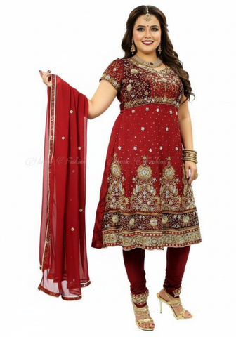 Salwar Anarkali rouge brodé or cérémonie indienne