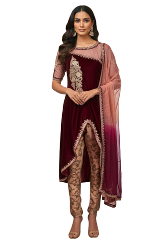 Salwar Marziya – velours bordeaux | Taille 40/42