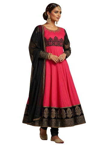 Anarkali salwar Akila rose saumon  et noir broderies velours