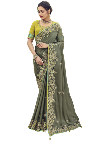 Beau sari mariage vert olive Samia