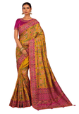 Sari Sharadha Safran en soie fluide avec broderies artisanales, pierres et miroirs