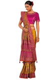 Sari Sharadha Safran en soie fluide avec broderies artisanales, pierres et miroirs