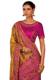 Sari Sharadha Safran en soie fluide avec broderies artisanales, pierres et miroirs