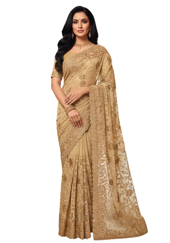 Sari prêt-à-porter beige doré Houmaira