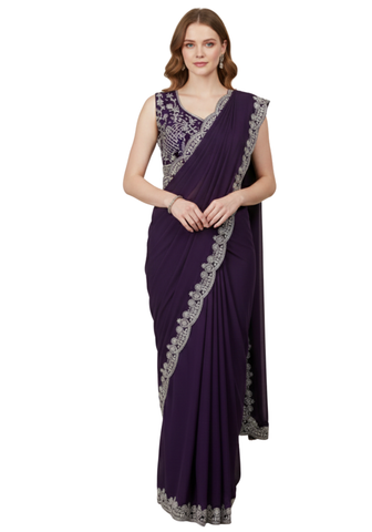 Sari Cynthia violet prêt-à-porter brodé argent