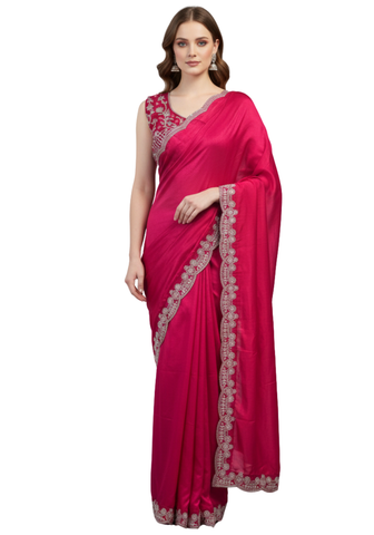 Sari Cynthia rose fuchsia prêt-à-porter brodé argent