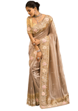champagne silk saree with floral embroidery