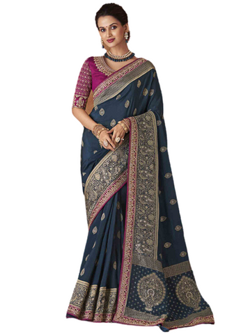 Beau sari soie gris et magenta Yazhini