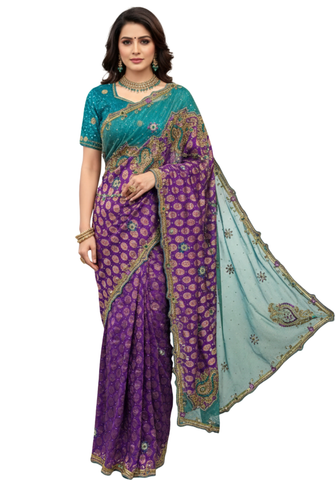 Sublime sari mariage violet et vert Haasini