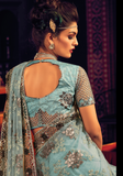Somptueux sari soirée bleu turquoise Shana